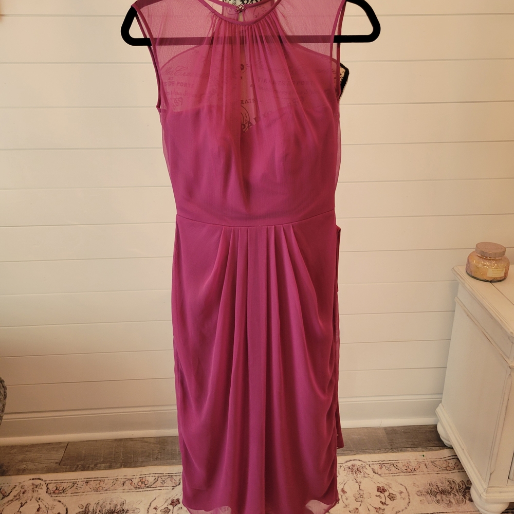 Sleeveless Sheer-Yoke Midi Dress in Fuchsia